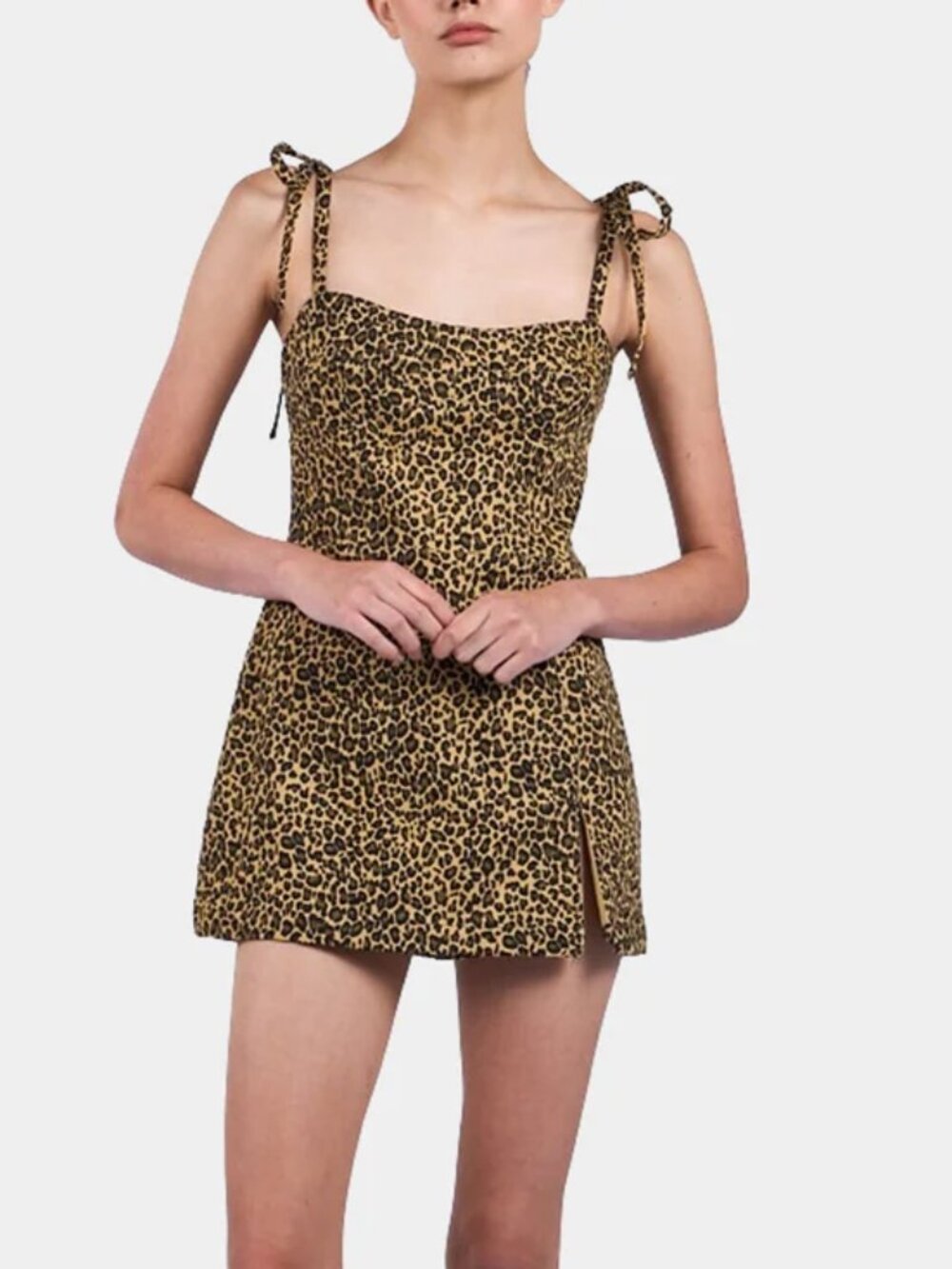 sky to moon / leopard print denim tie strap mini skort dress NWT M